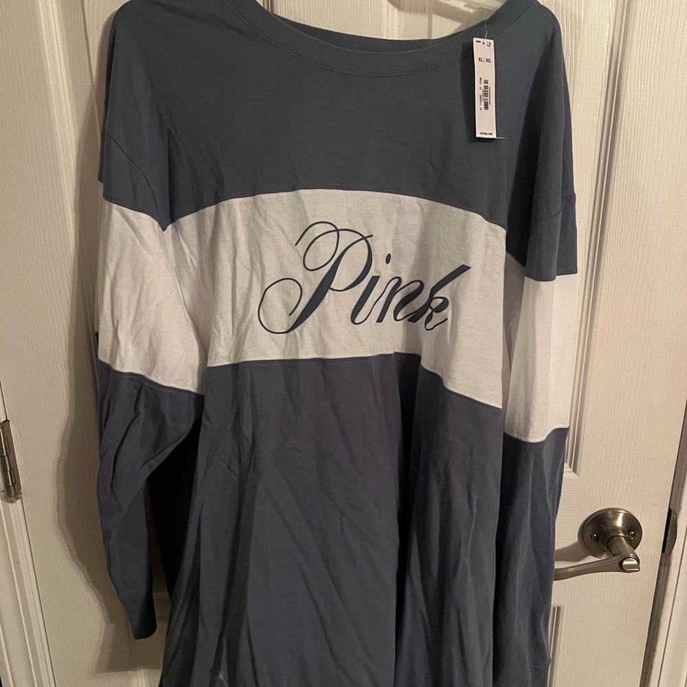 PINK Script Colorblock Long Sleeve Shirt - Slate Blue & White
